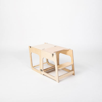 Natural wood 2-in-1 kitchen tower in table form with top surface
