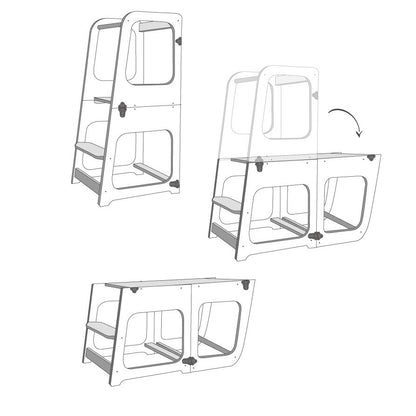 Diagram showing three-step transformation from tower to table to chair