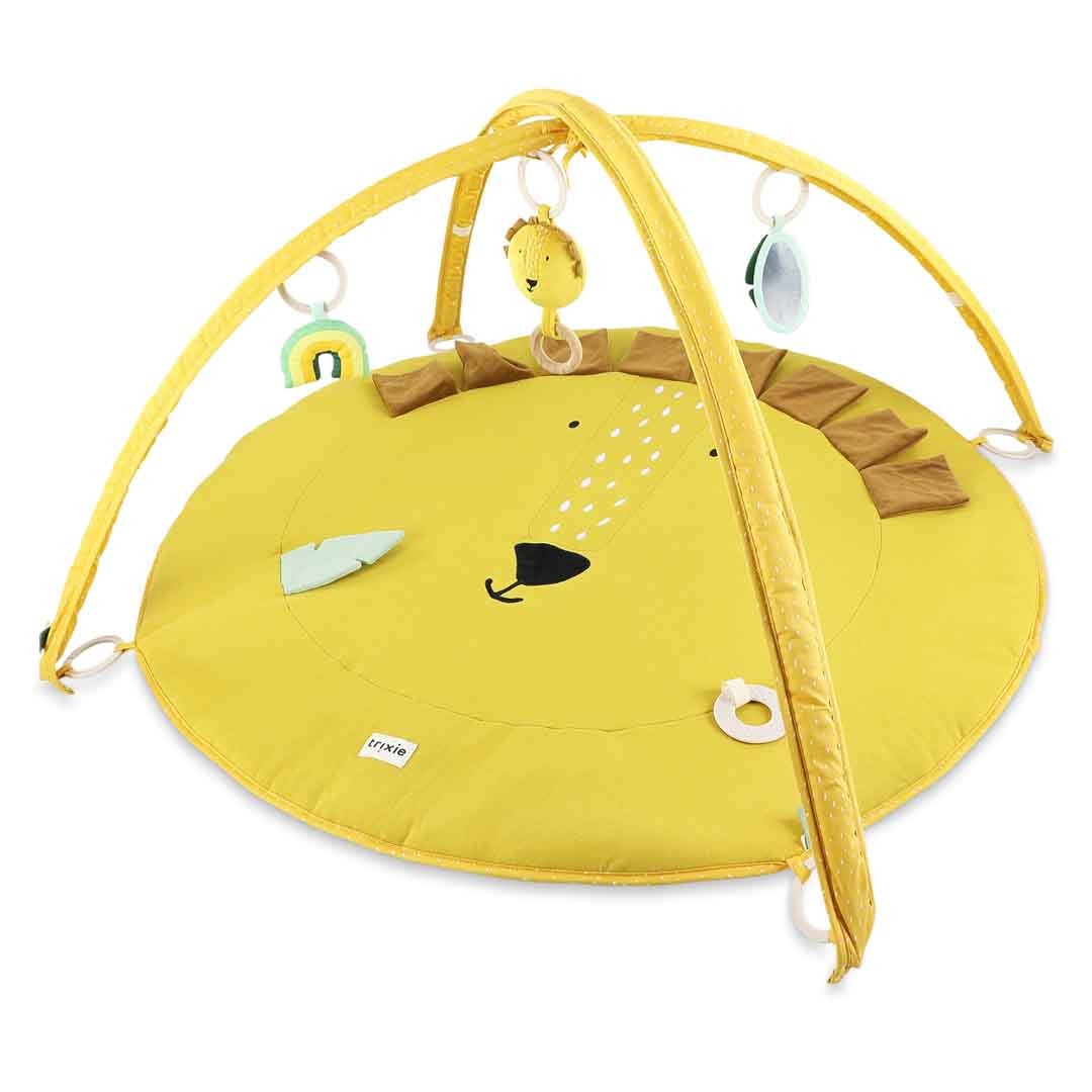 Mr. Lion activity play mat with yellow arches and hanging wooden toys