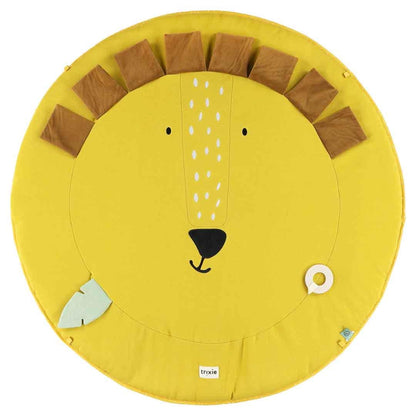 Top-down view of yellow lion-shaped play mat with brown mane and hanging toys