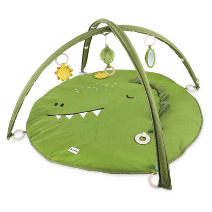 Green dinosaur activity play mat with dual arches and hanging sensory toys including rattle and teether