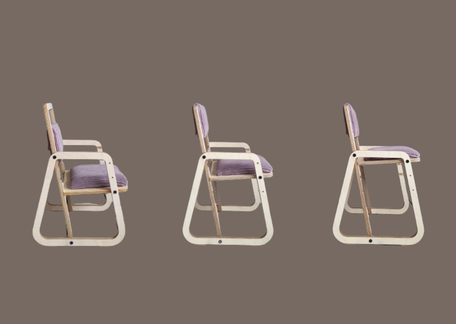 Cannon pink Montessori chair shown from left, center, and right profile angles