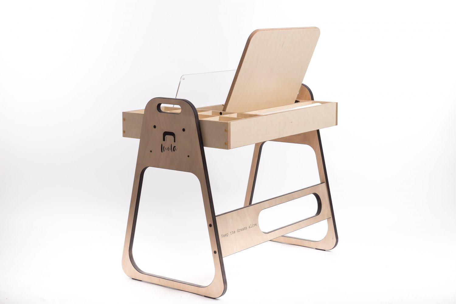 Beige Montessori table with chalkboard panel and storage compartments from front