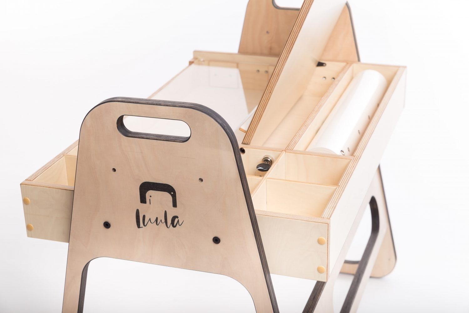 Luula Julle chair back detail showing Luula branding and ergonomic curved design