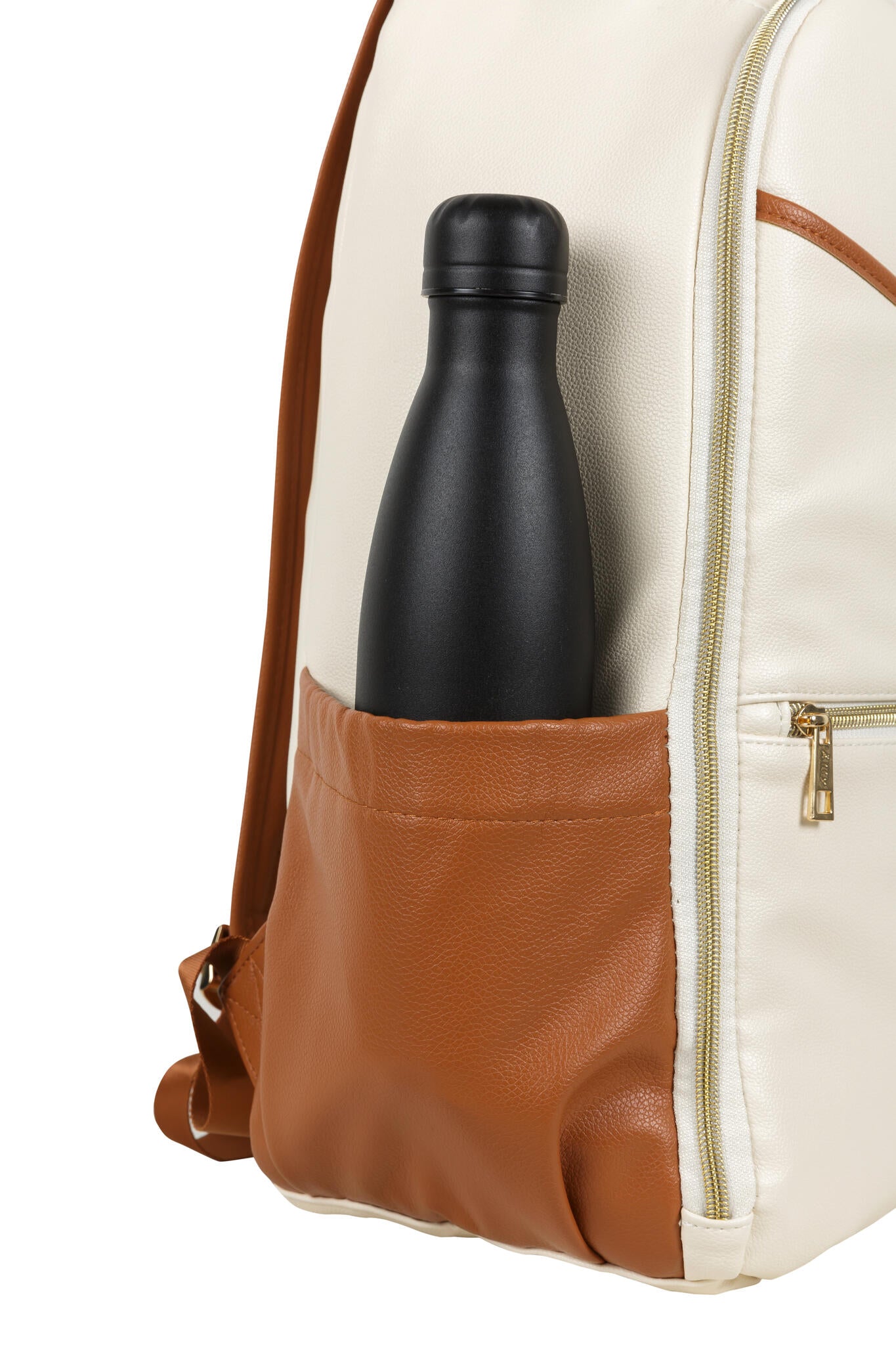 Ally Scandic Small Diaper Backpack Cappuccino – side view thermal pocket water bottle | Nestling