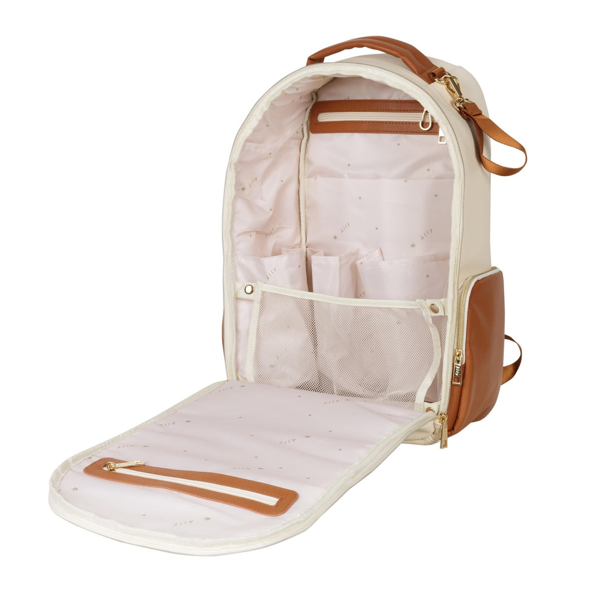 Ally Scandic Small Diaper Backpack Cappuccino – flat lay product shot caramel brown | Nestling