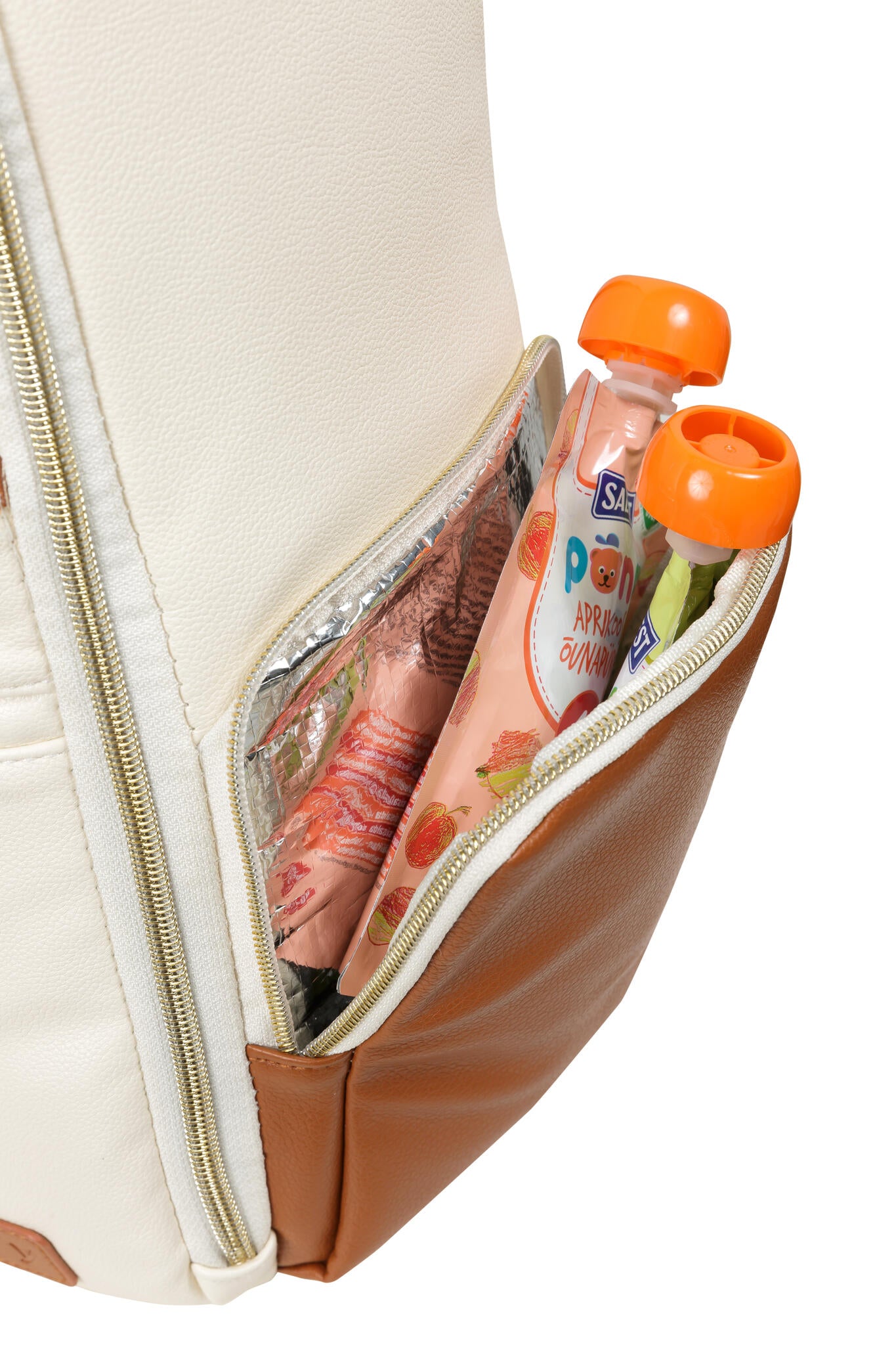 Ally Scandic Small Diaper Backpack Cappuccino – front pocket open baby snacks food pouches | Nestling