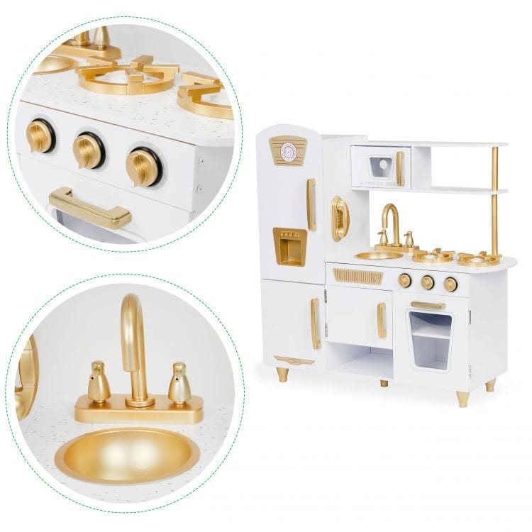 Angelove Large White Gold Wooden Play Kitchen for Kids – product features highlights list | Nestling