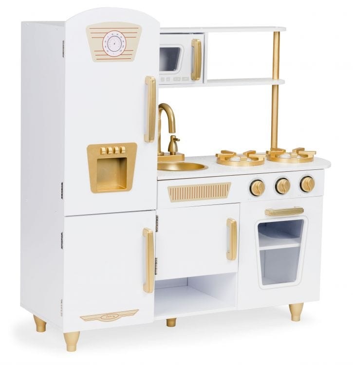Angelove Large White Gold Wooden Play Kitchen for Kids – child cooking with white gold kitchen | Nestling