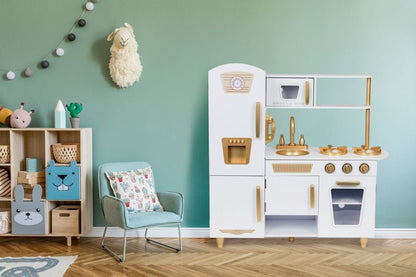 Angelove Large White Gold Wooden Play Kitchen for Kids – kitchen close-up gold faucet sink | Nestling