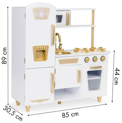 Angelove Large White Gold Wooden Play Kitchen for Kids – lifestyle toddler pretend play | Nestling