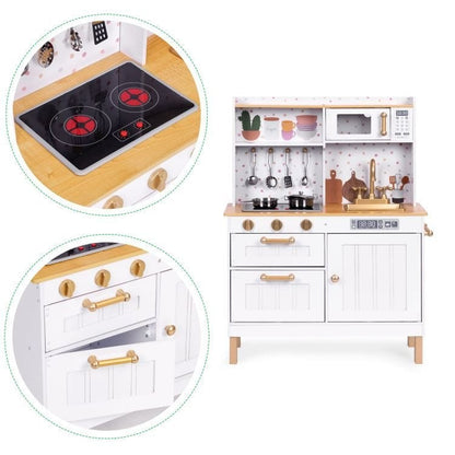 Angelove Wooden Play Kitchen Lights Sounds LED – side view with oven and accessories | Nestling