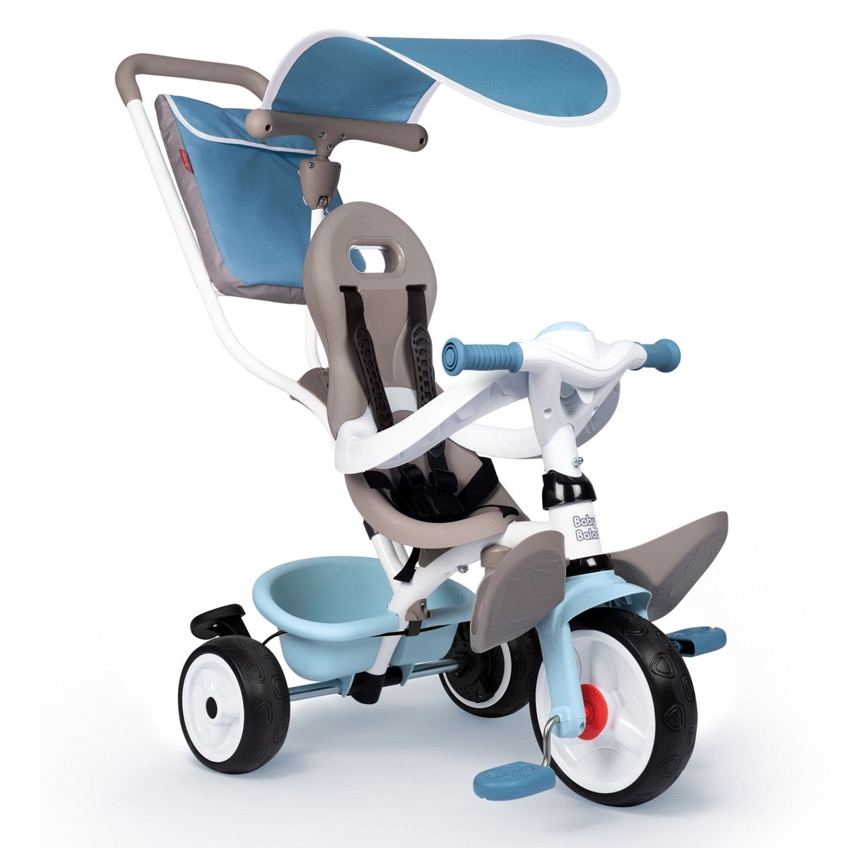 Smoby Baby Balade tricycle side view with extended parent push handle and full-size footrest