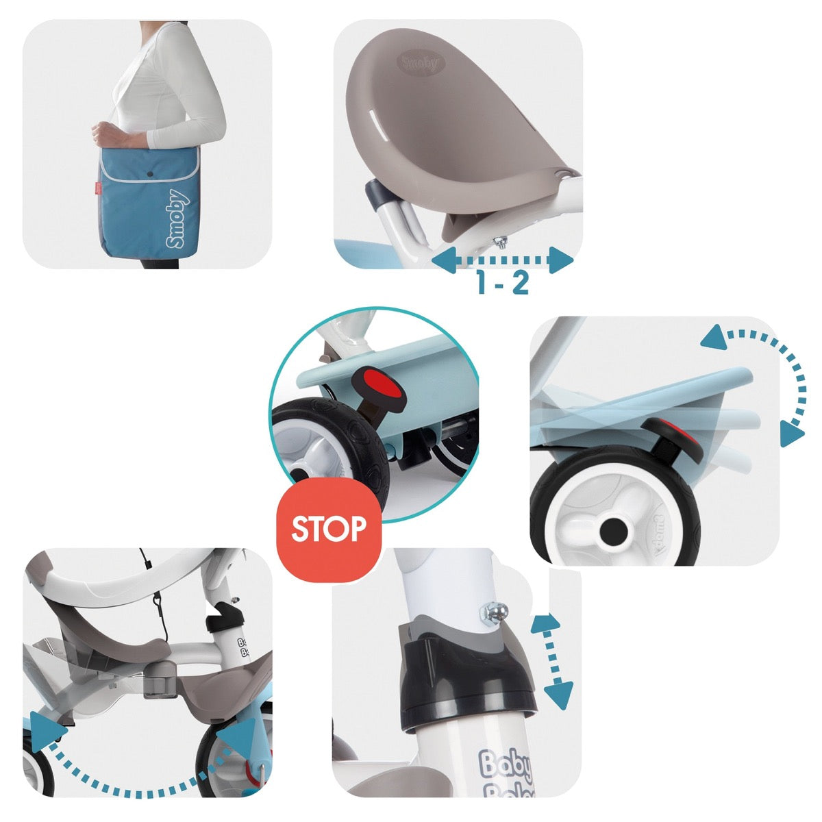 Product features infographic showing adjustable seat, brake system, footrest, and storage basket details