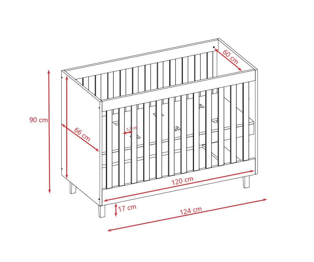 Baby Bed Kubi Scandinavian Baby Cot Grey – angled view dimensions diagram diagram | Nestling