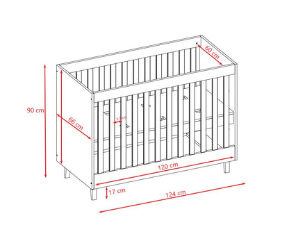Baby Bed Kubi Scandinavian Baby Cot Grey – angled view dimensions diagram diagram | Nestling