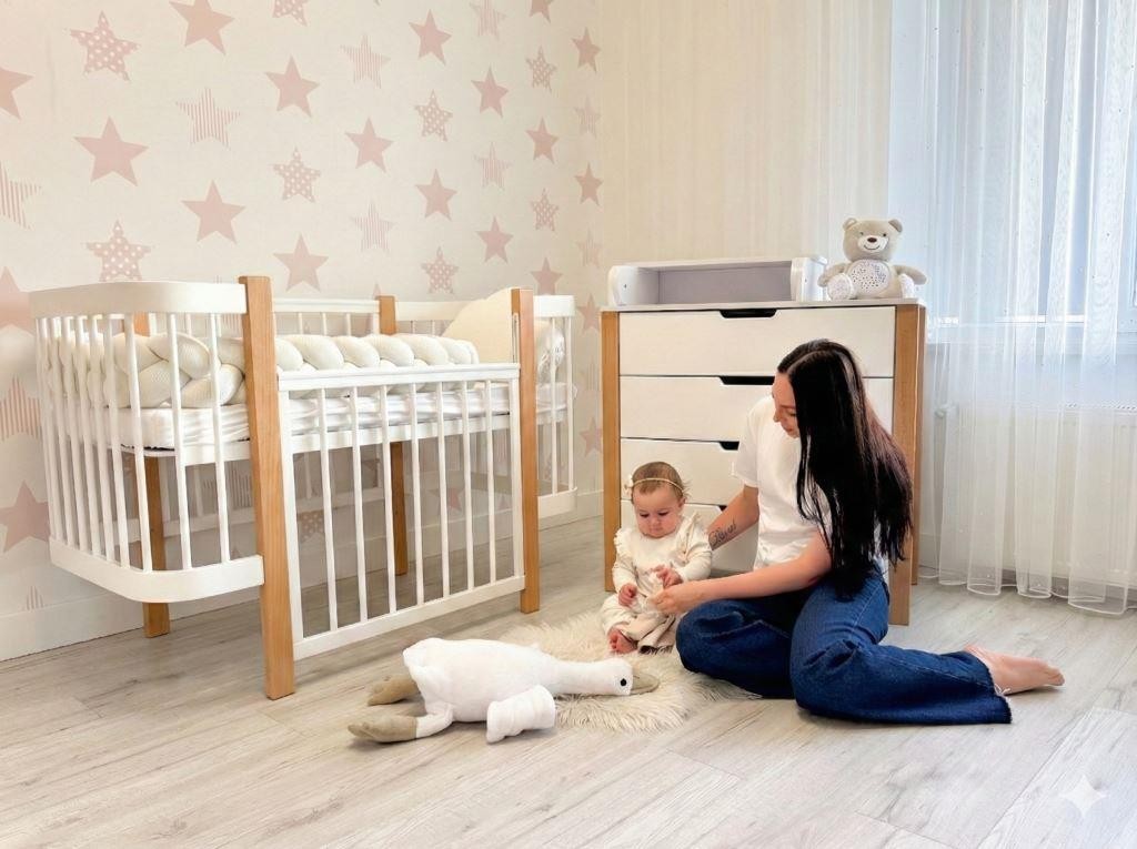 KOTTO Baby Crib ELIN + Mattress – Natural / White