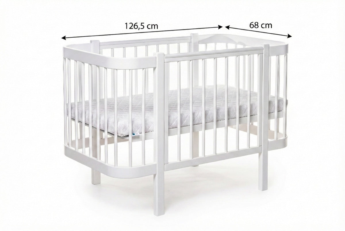 KOTTO ELIN white baby crib dimensions showing 126.5 cm length and 68 cm width measurements