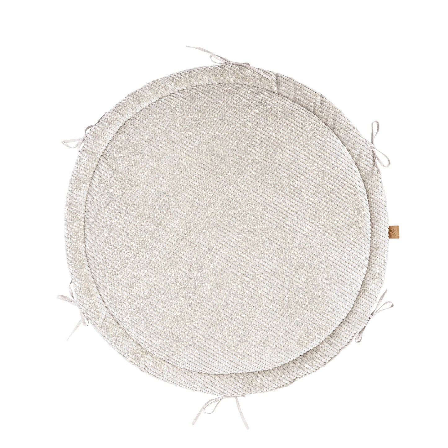 Ecru braided baby nest mat viewed from above showing ribbed corduroy border and play surface