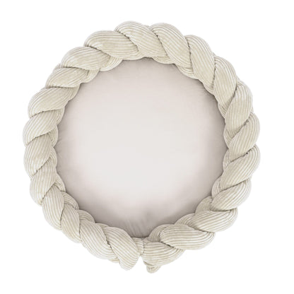 Ecru braided crib bumper nest with thick woven rope border creating cozy infant support
