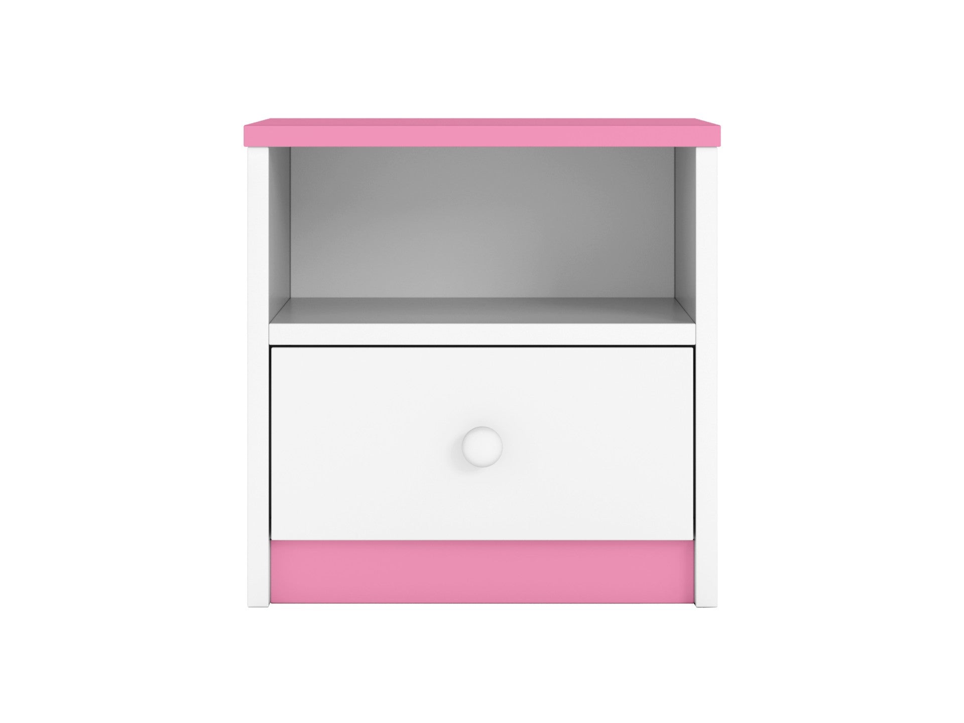 Pink and white Babydreams bedside table with color-block design