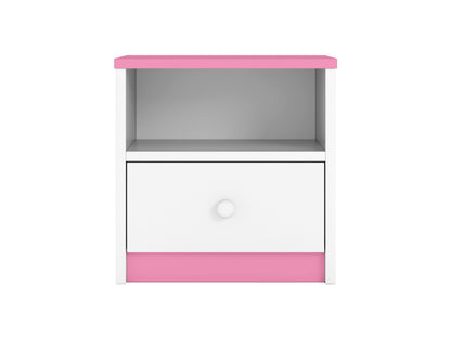Pink and white Babydreams bedside table with color-block design