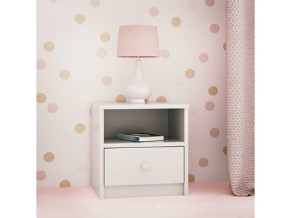 White Babydreams nightstand styled with lamp and books in bedroom