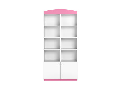 Pink and white double shelf kids storage unit with rounded top and soft-close cabinet doors