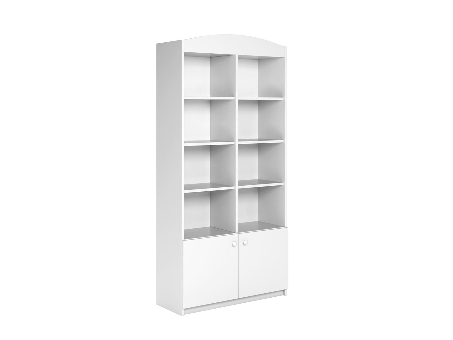 White kids storage shelf front view showing eight open compartments and two closed lower doors