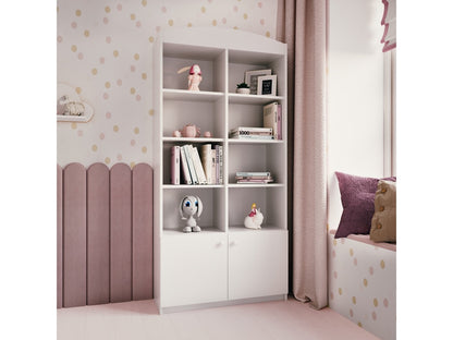 Pink and white Babydreams shelf styled in a girls bedroom with toys and books displayed