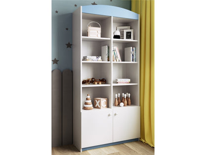 White kids storage shelf with eight open compartments and two closed white doors in a bedroom setting