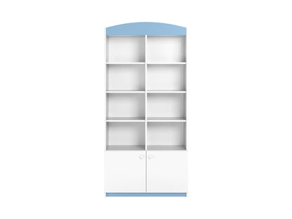 Blue and white double shelf kids storage unit with rounded top and soft-close cabinet doors