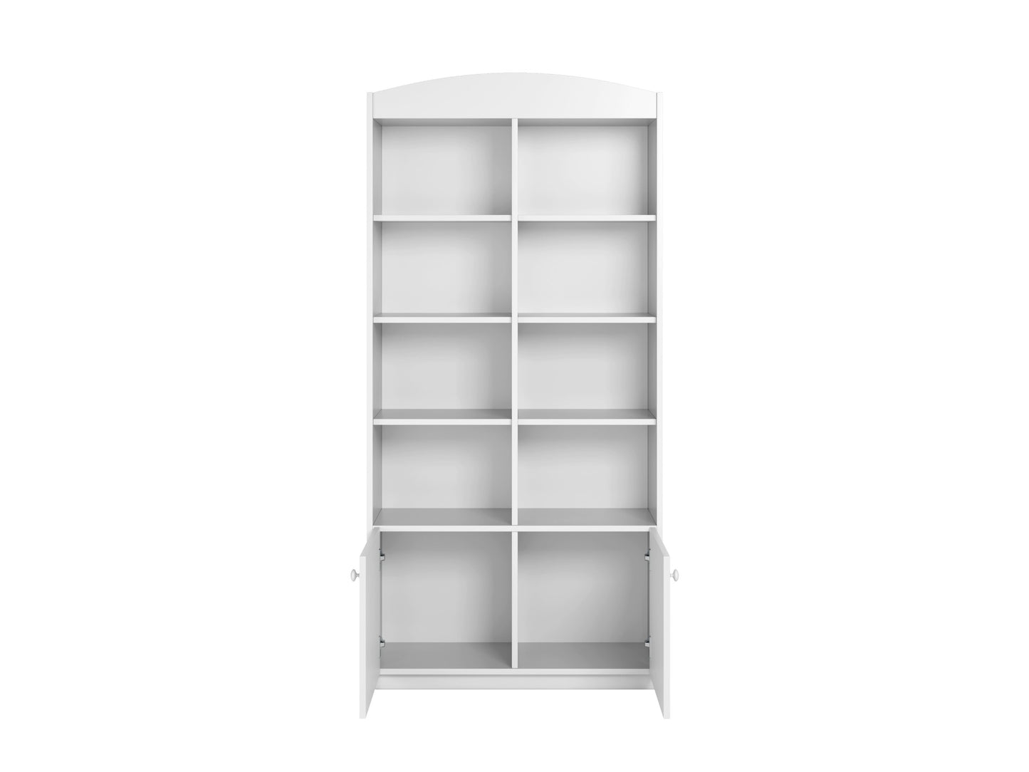White kids storage shelf front view with ten open compartments and two white closed doors below