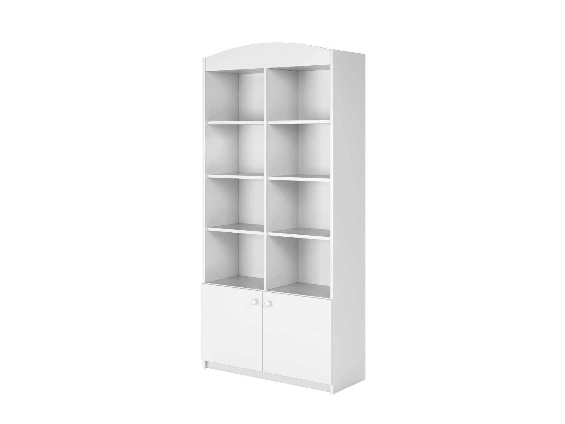 White kids double shelf storage unit angled side view showing compact design and rounded corners