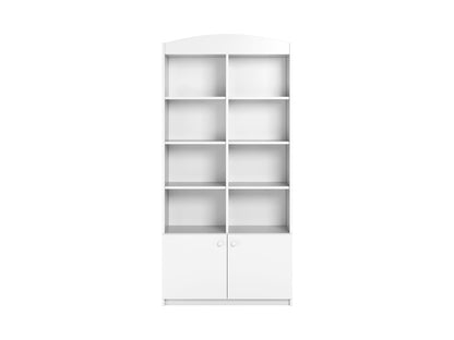 White kids storage shelf with ten open compartments and two closed doors, front view, neutral design