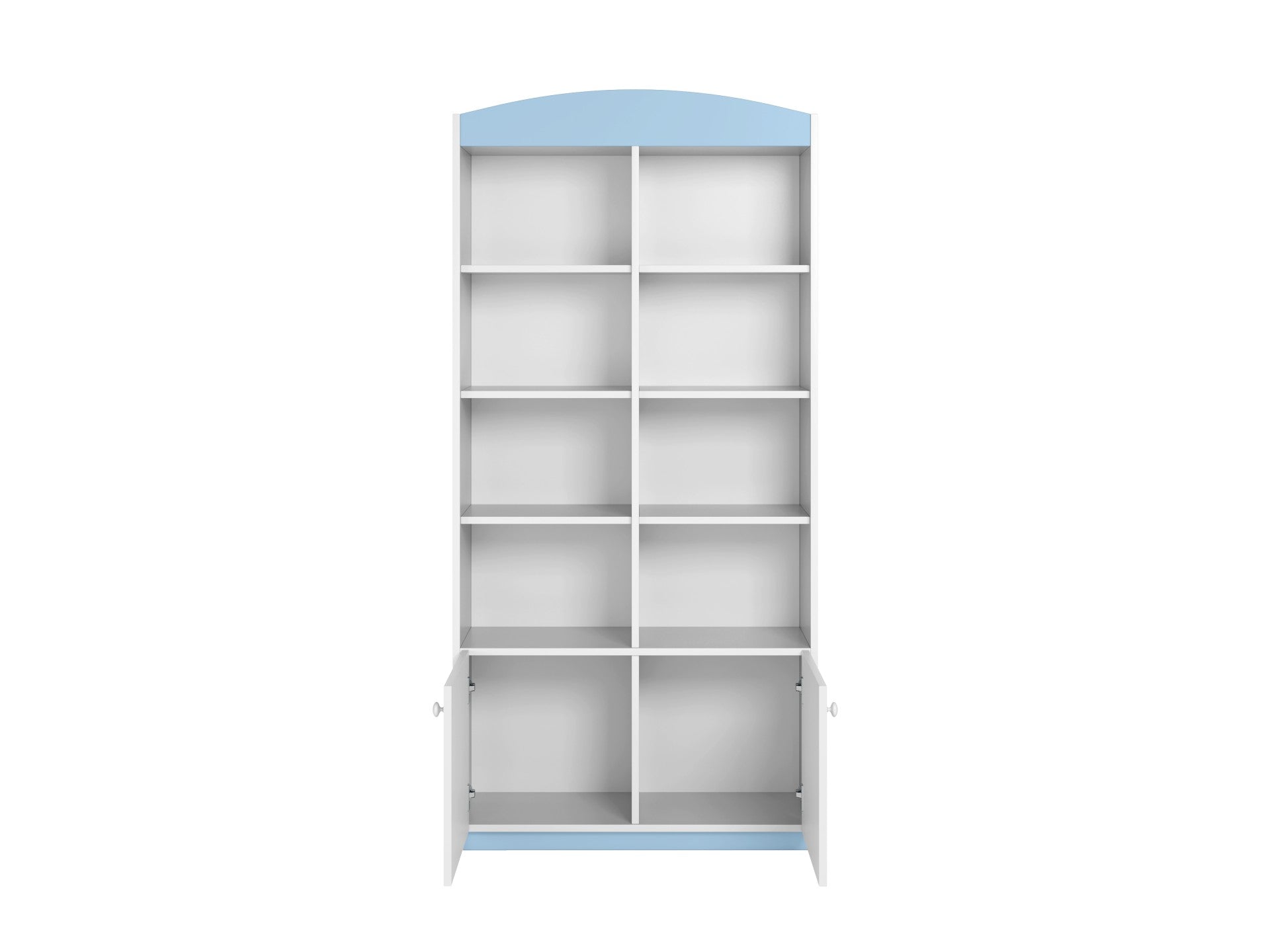Blue and white double shelf kids storage unit with rounded top displaying open and closed shelving