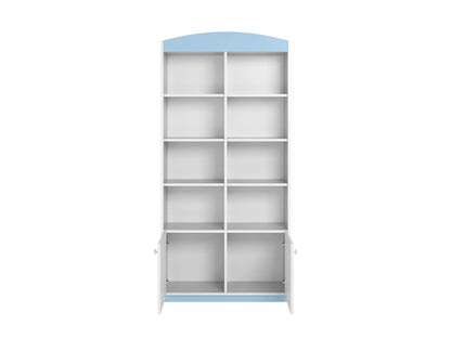 Blue and white double shelf kids storage unit with rounded top displaying open and closed shelving