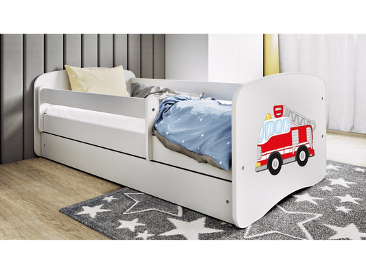 White fire truck children's bed with guardrail and storage drawer in bedroom setting