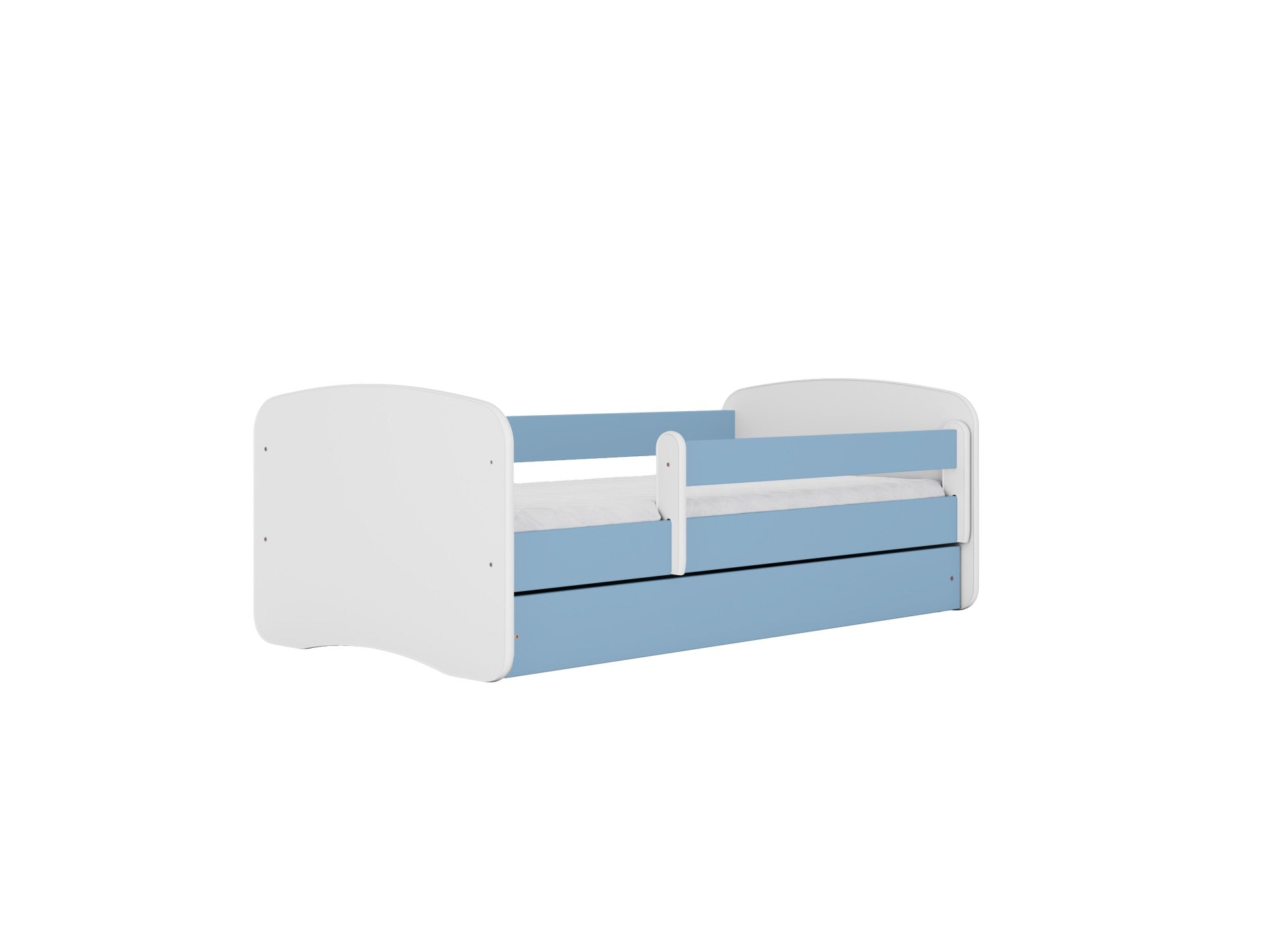 Blue and white children's bed with safety guardrail and storage drawer