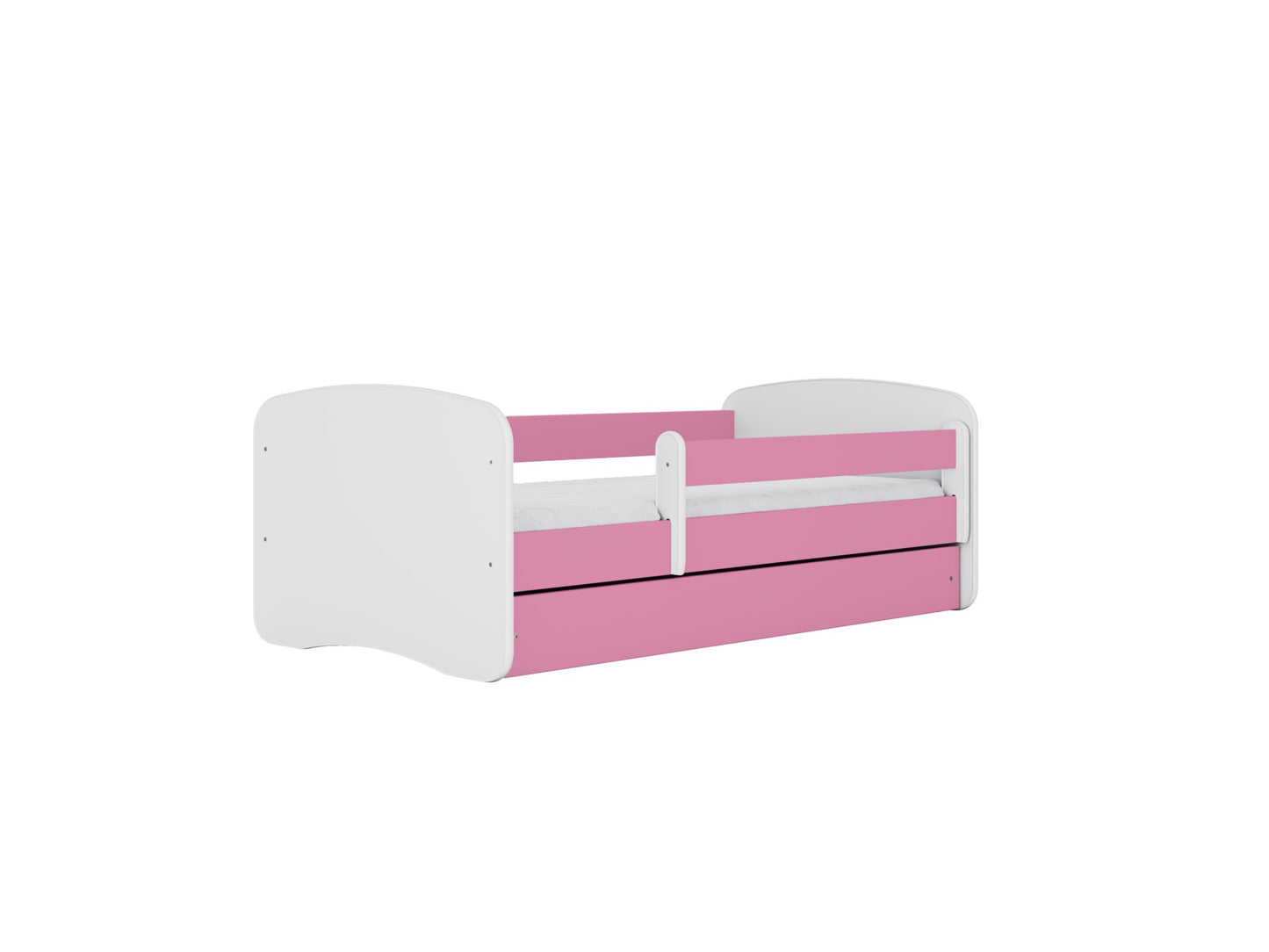 Pink and white children's bed with guardrail and storage drawer