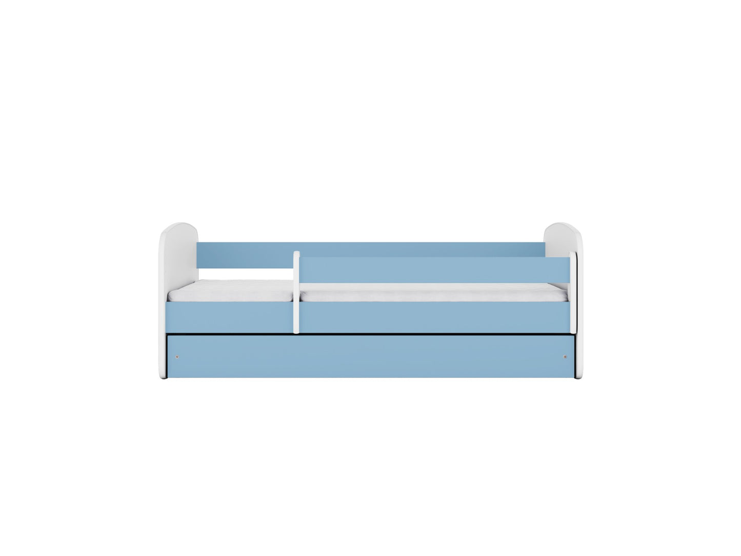 Blue children's bed front view showing guardrail and birch slat frame