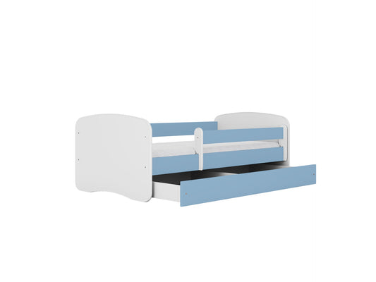 Blue and white children's bed with removable guardrail and storage drawer