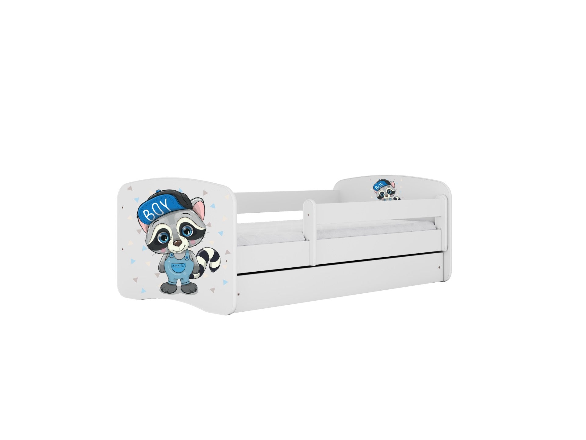 Kocot Kids Babydreams children's bed with cute raccoon sticker design and built-in white storage drawer