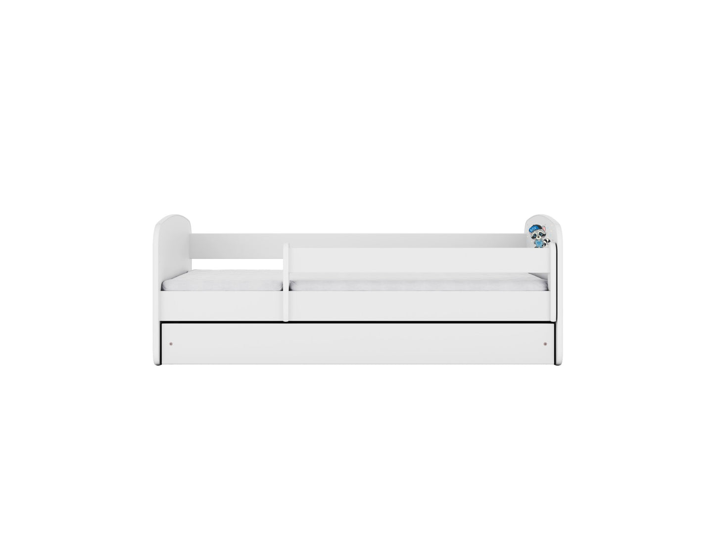 White Babydreams children's bed front view with safety guardrail and storage drawer closed
