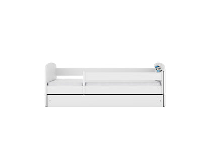 White Babydreams children's bed front view with safety guardrail and storage drawer closed