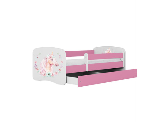 Pink and white unicorn children's bed with storage drawer and removable guardrail