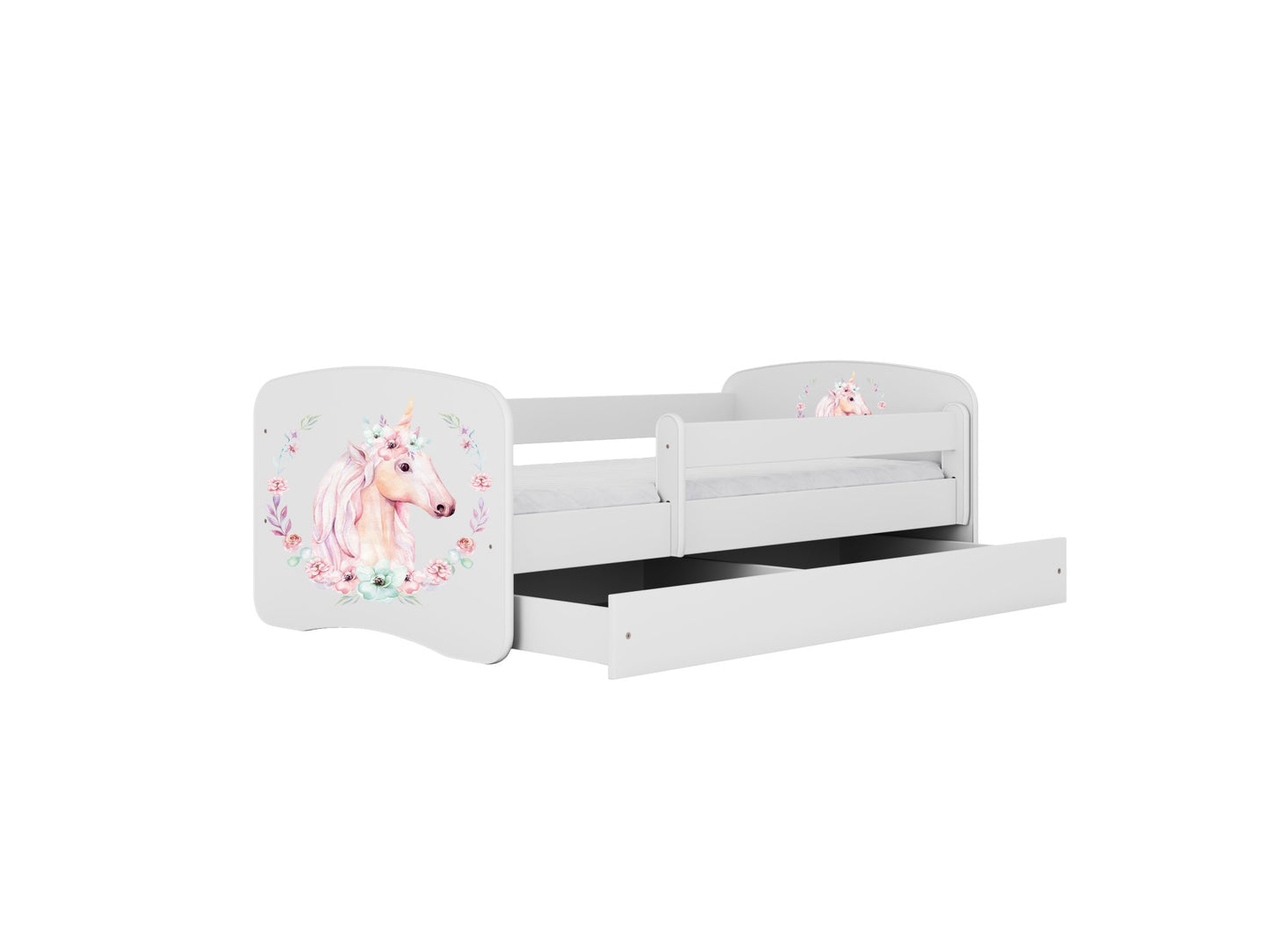 White unicorn toddler bed with pull-out storage drawer and safety railings