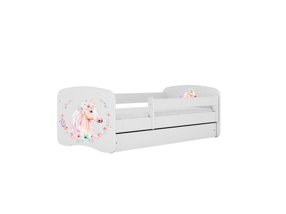 White unicorn kids bed with removable guardrail and pull-out storage drawer