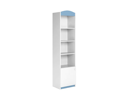 Blue and white kids shelf front view with rounded top and four open shelves