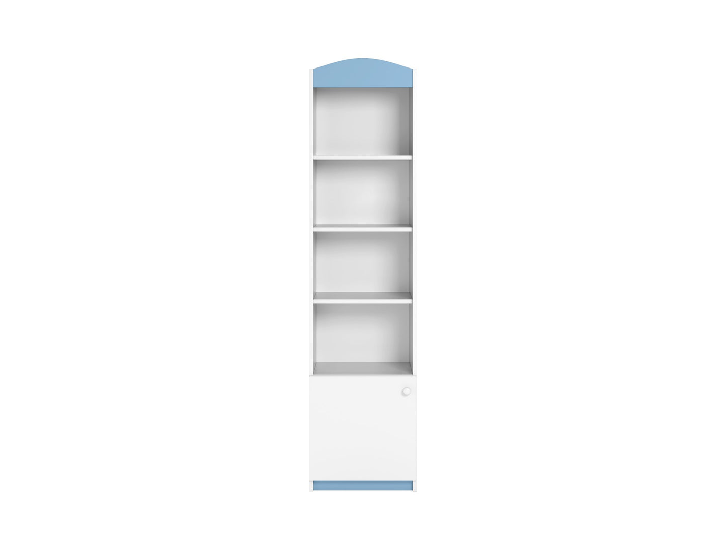 Blue and white kids shelf with rounded top and open shelves for children's room storage